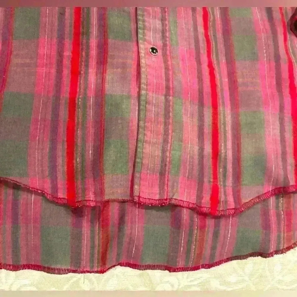 Wrangler Pearl Snap Gold Red & Green Striped Shirt Men’s 15 1/2-34 X-Long Tails - Picture 3 of 6
